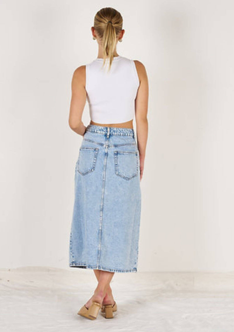 Wakee Stretch Denim Midi Skirt with Split in Blue