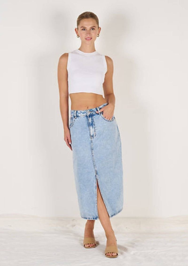 Wakee Stretch Denim Midi Skirt with Split in Blue