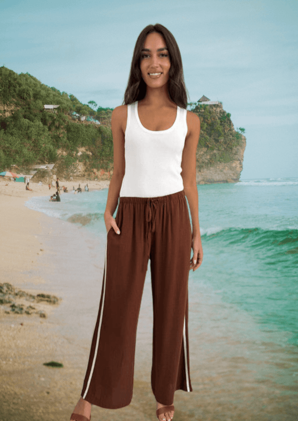 Wide Drawstring Linen Pants with Double Side Stripe in Chocolate