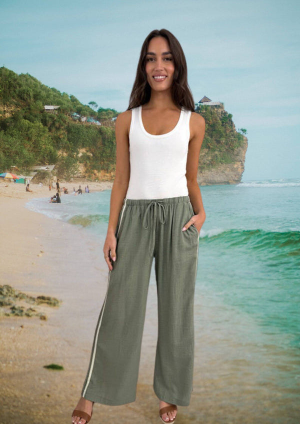 Wide Drawstring Linen Pants with Double Side Stripe in Sage