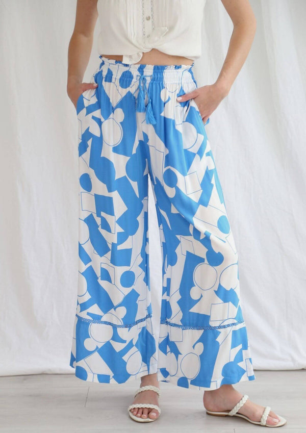 Wide Leg Pants in Blue and White Abstract Print