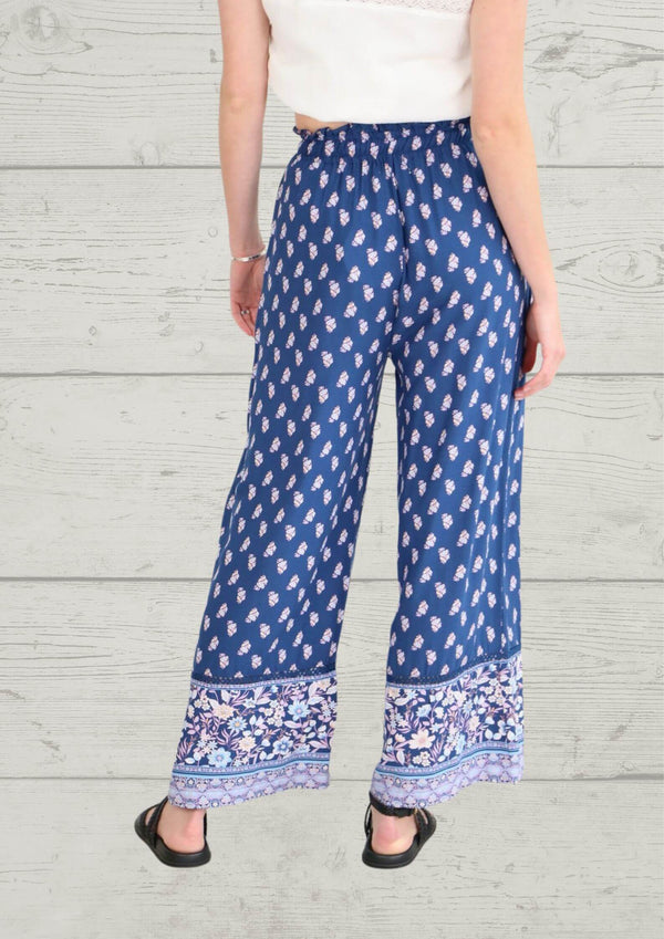 Wide Leg Pants in Blue with Border Print