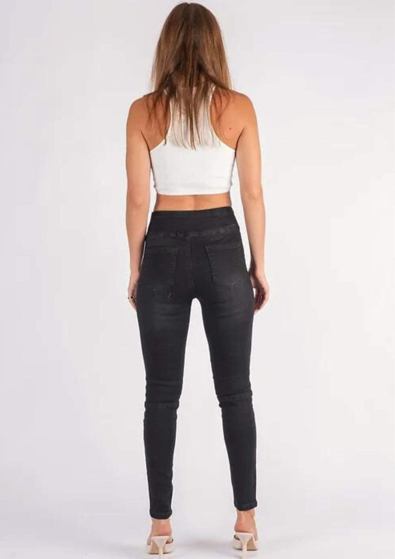 High Waisted Pull On Jeans in Black by Wakee