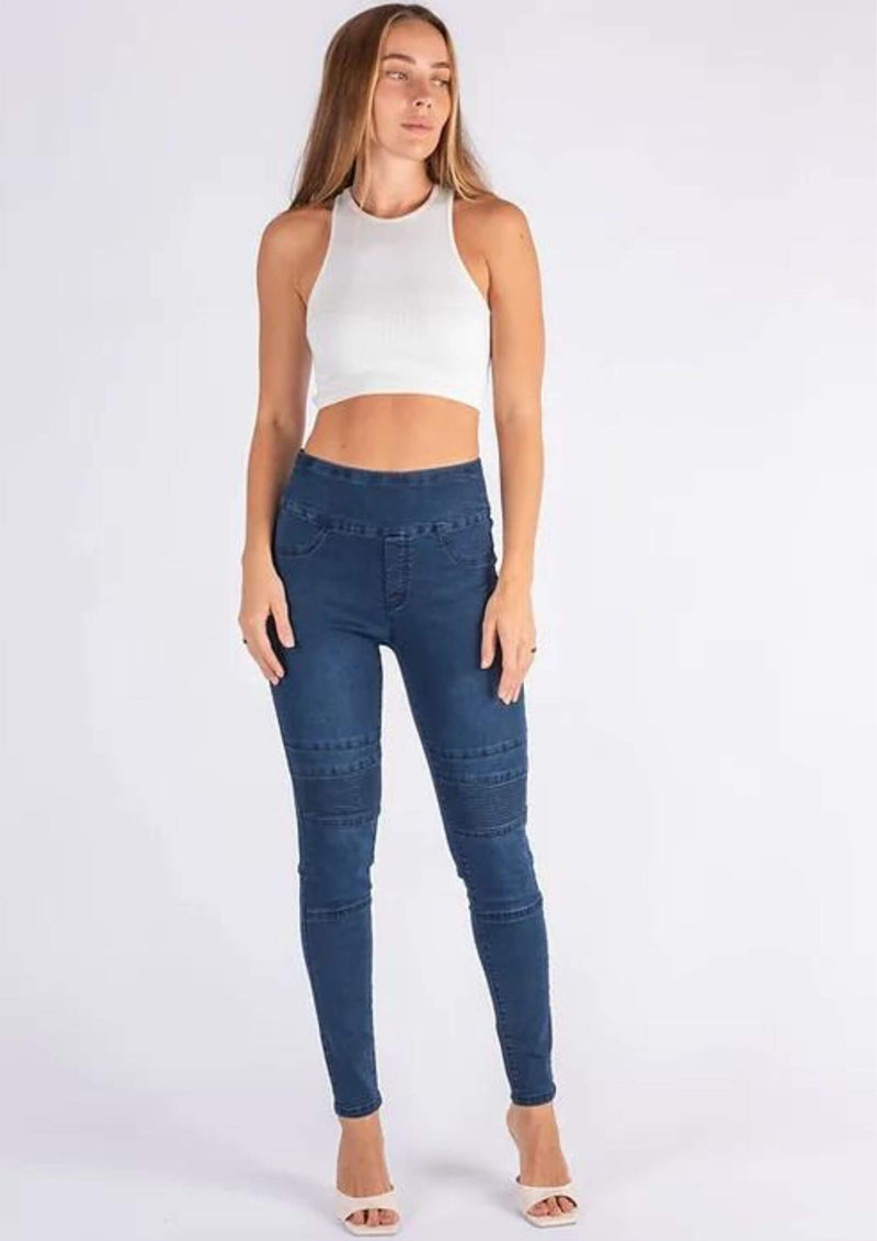 High Waist Pull On Stretch Denim Jeans in Dark Blue by Wakee