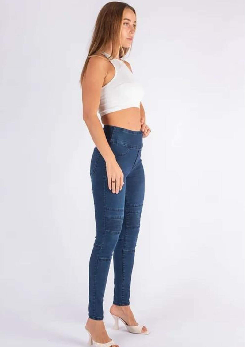 High Waist Pull On Stretch Denim Jeans in Dark Blue by Wakee