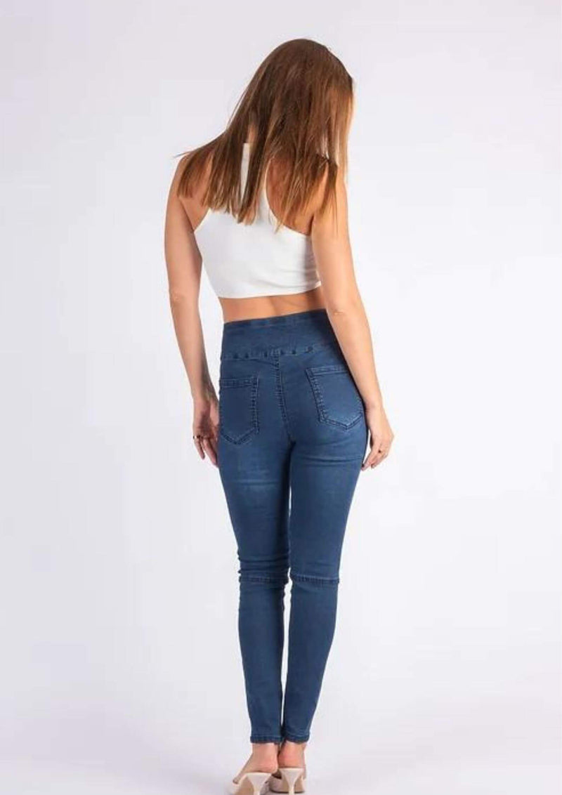 High Waist Pull On Stretch Denim Jeans in Dark Blue by Wakee