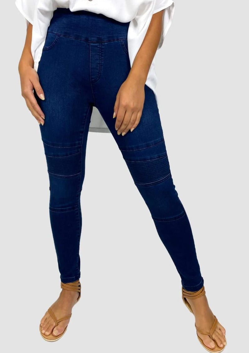 High Waist Pull On Stretch Denim Jeans in Dark Blue by Wakee