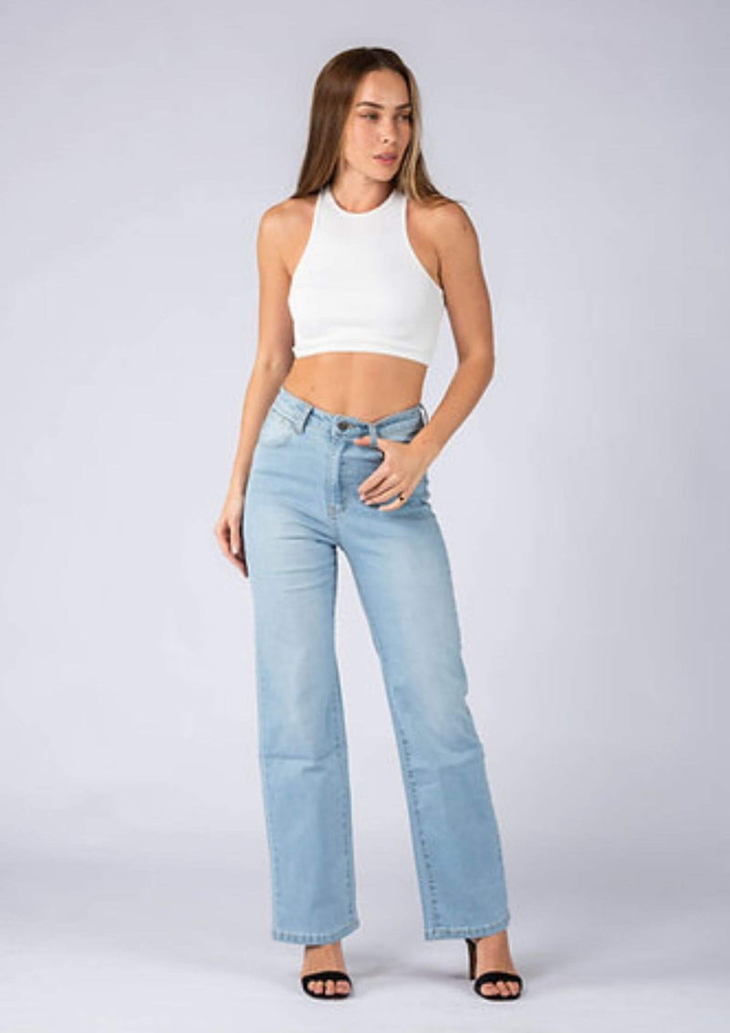 High Waist Wide Leg Stretch Jeans in Light Blue by Wakee