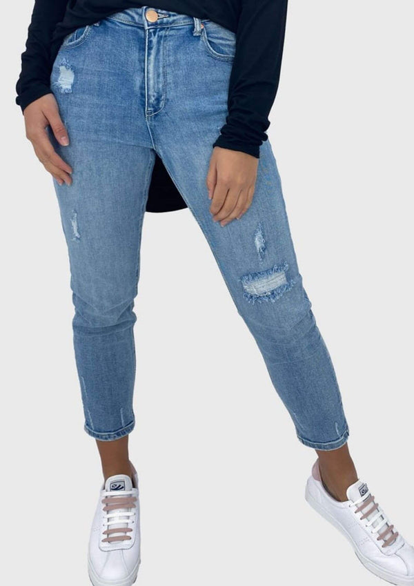 High Waisted Mum Jeans in Distressed Blue Wash by Wakee