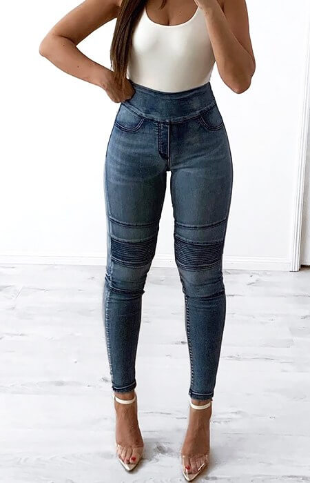 Wakee High Waist Pull On Jeans in Acid Wash Blue by Wakee